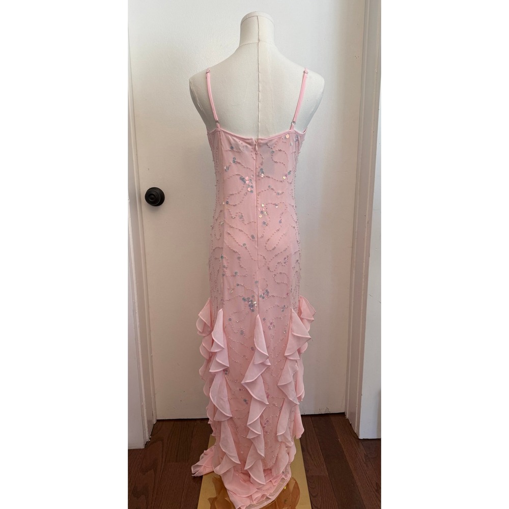 Bebe Cascade Beaded Mesh Gown Blush Pink Sequin Ruffle Formal Dress BEBE1324 S - Picture 2 of 6